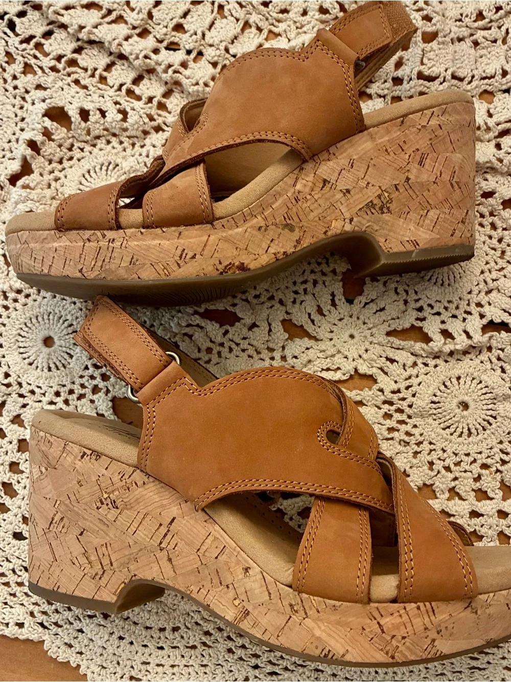 Clarks Giselle Tan Leather Cork Wedge Sandal